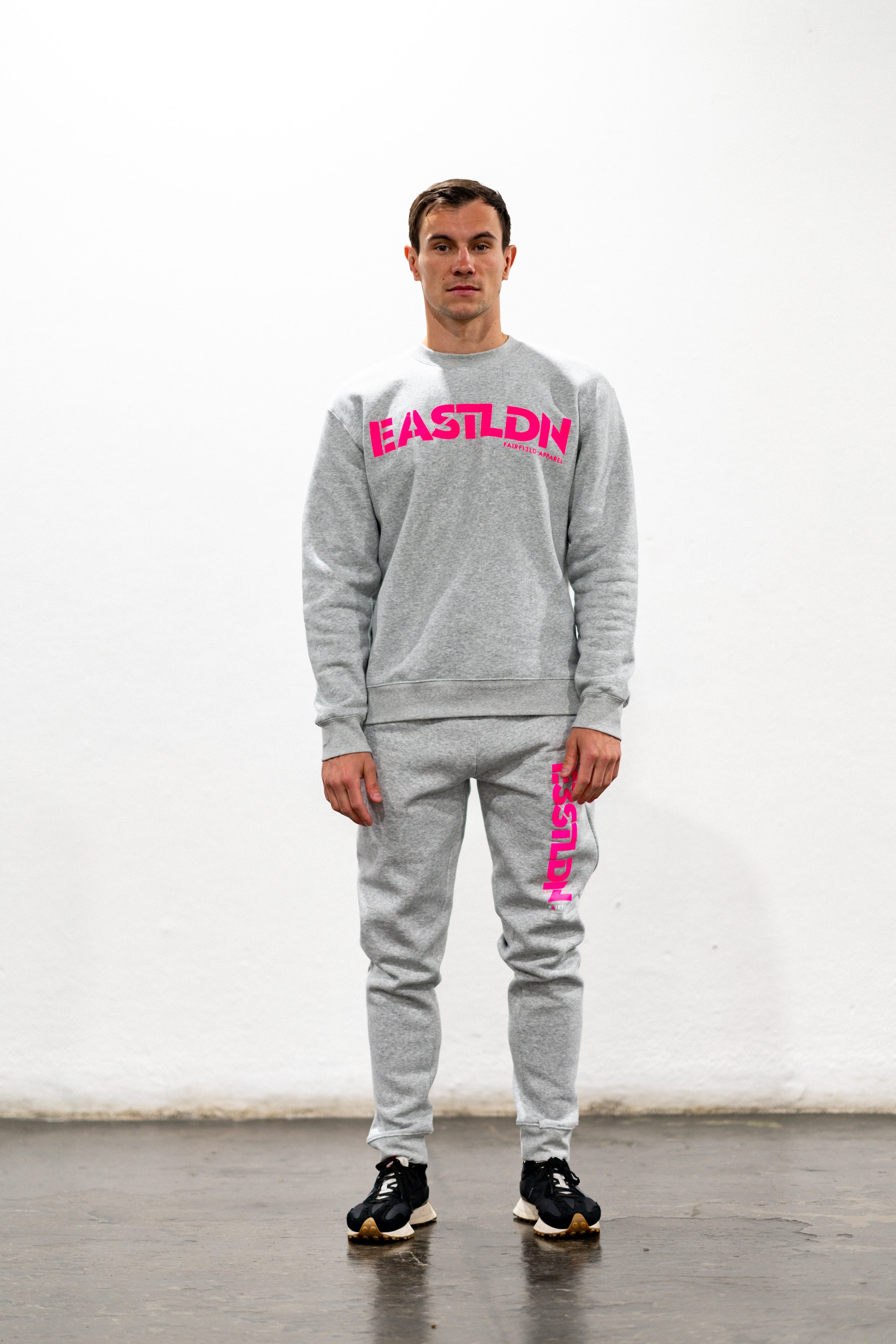EASTLDN Grey Sweater large PINK NEON  logo on chest